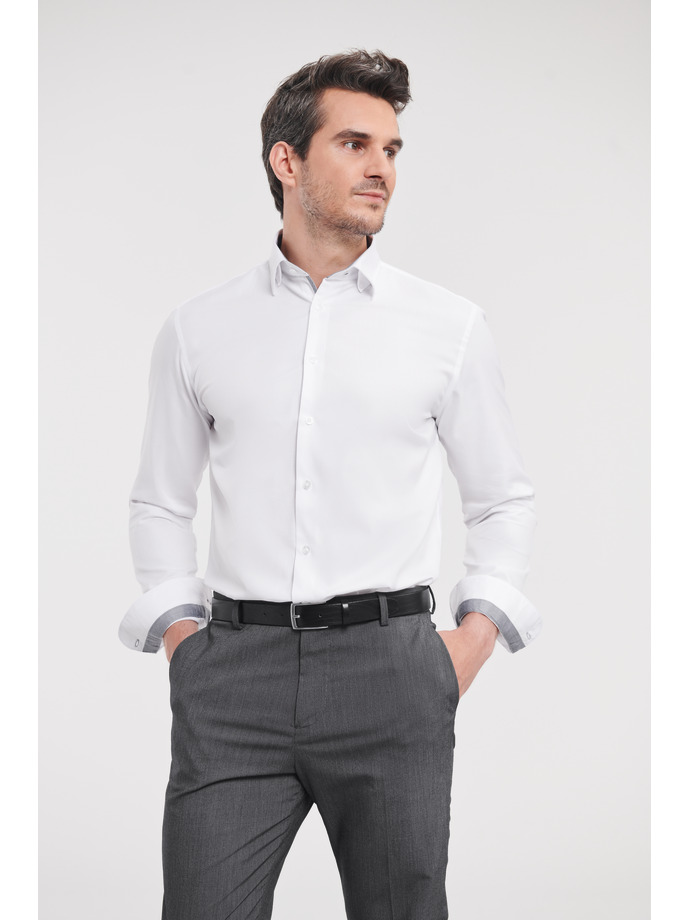 Vanity Fair Lingerie Men's Long Sleeve Tailored Contrast Herringbone Shirt White/silver/convoy Grey 1