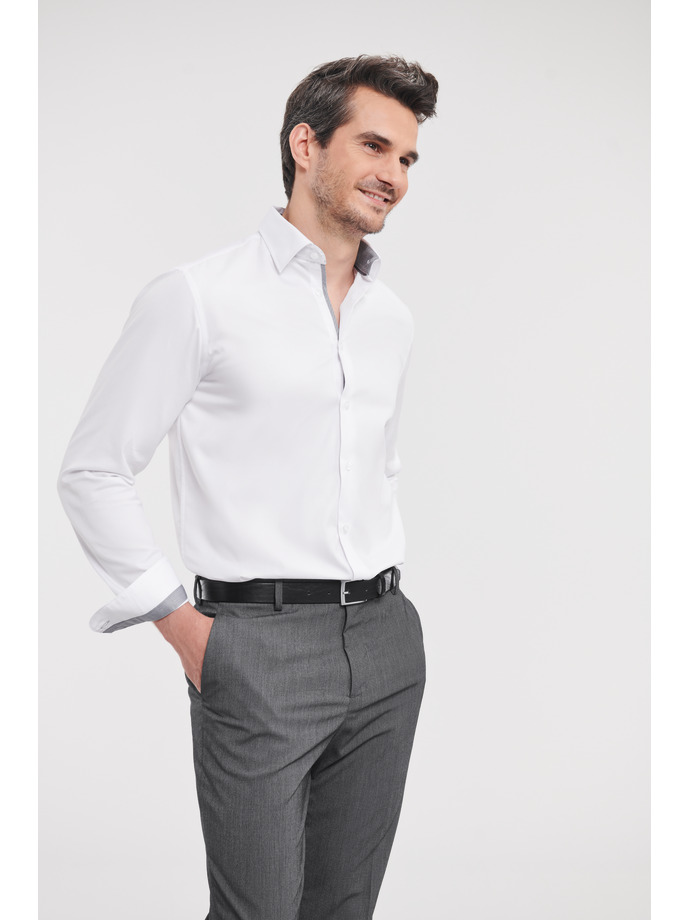 Vanity Fair Lingerie Men's Long Sleeve Tailored Contrast Herringbone Shirt White/silver/convoy Grey 3