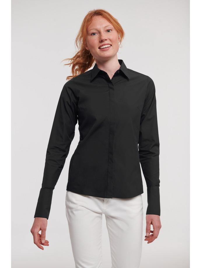 Women's Navy Fitted Cotton Stretch Shirt With Concealed Placket